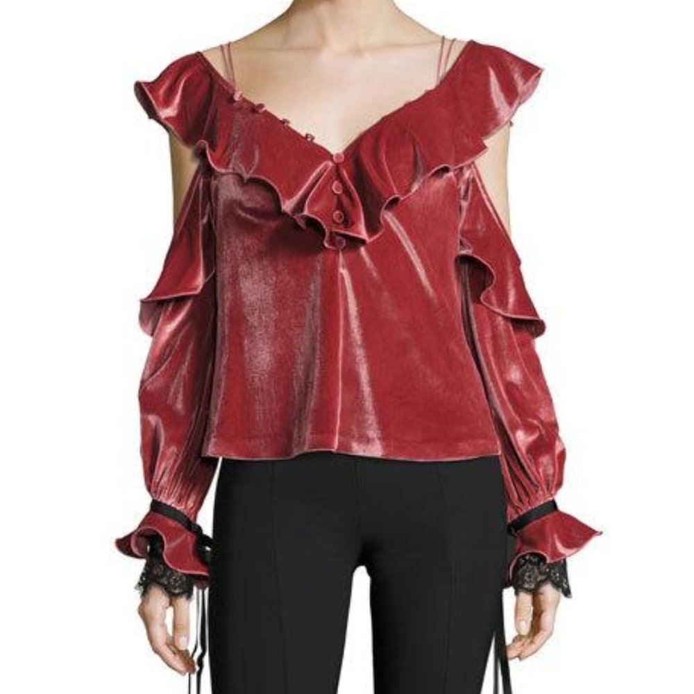 Self-Portrait Velvet Off the Shoulder Frill Top -